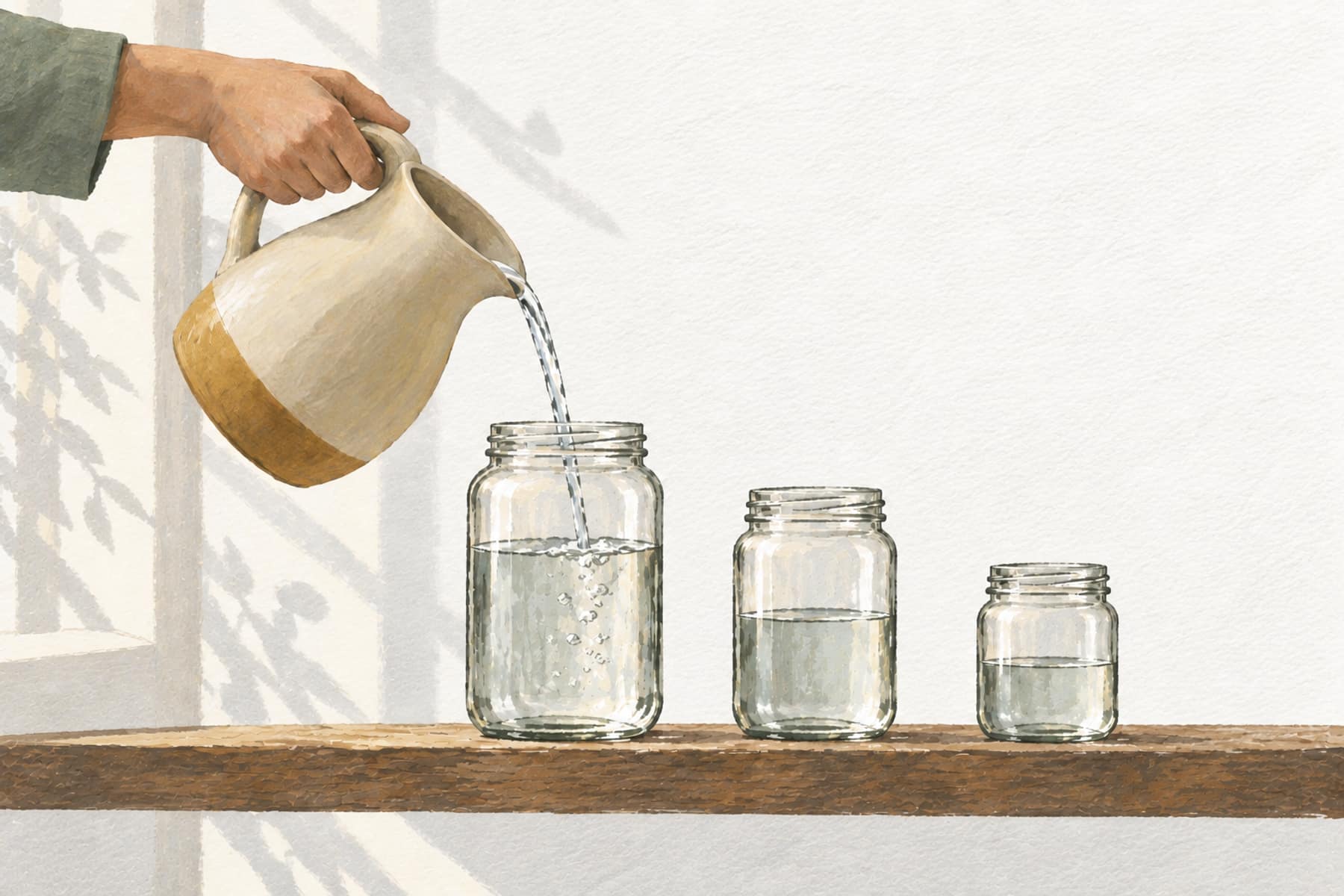 Gouache illustration of a hand pouring water into three jars of different sizes on a shelf, representing splitting income into three proportional shares