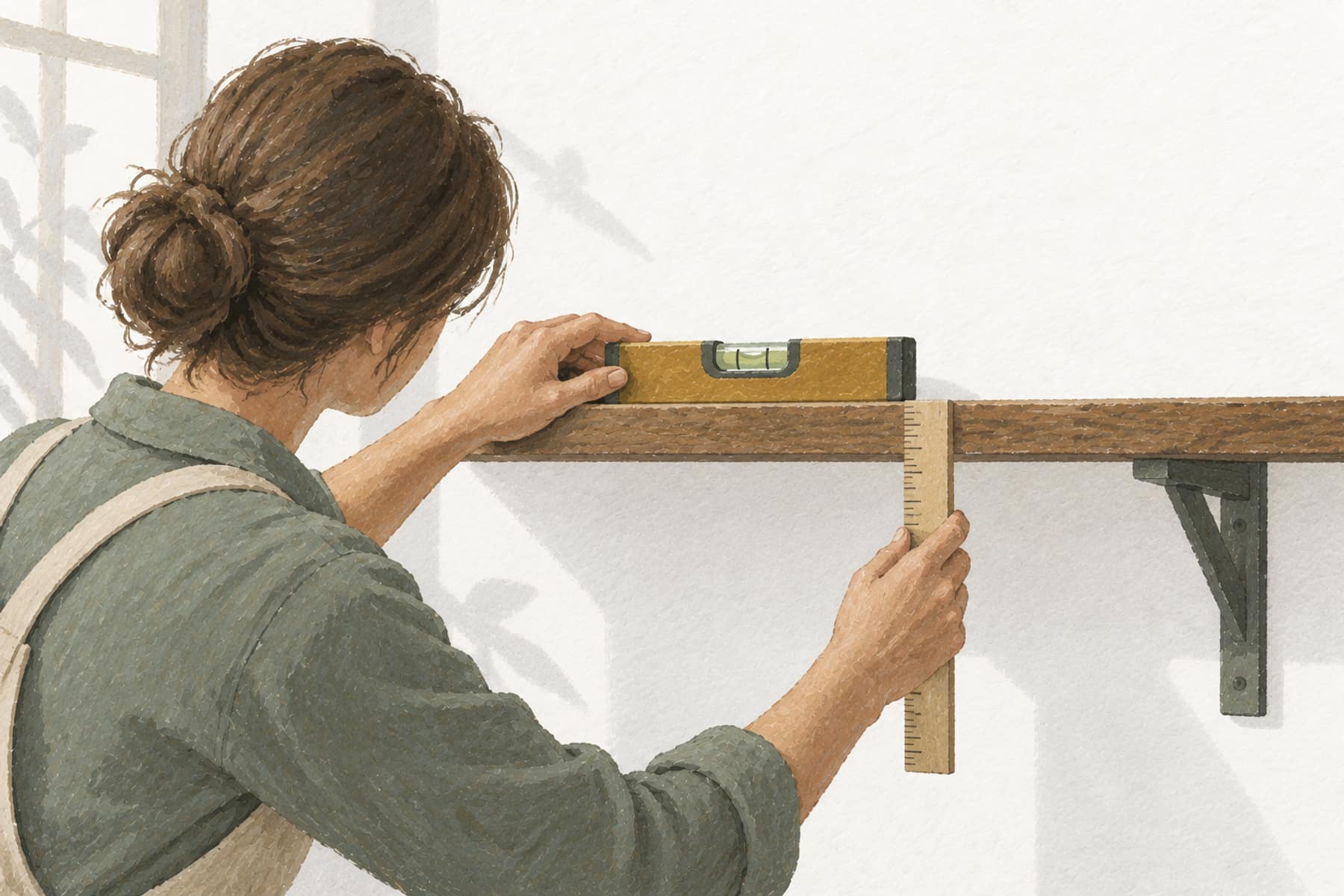 Gouache illustration of a person in profile checking a shelf with a level and ruler, representing verifying AI financial advice for accuracy