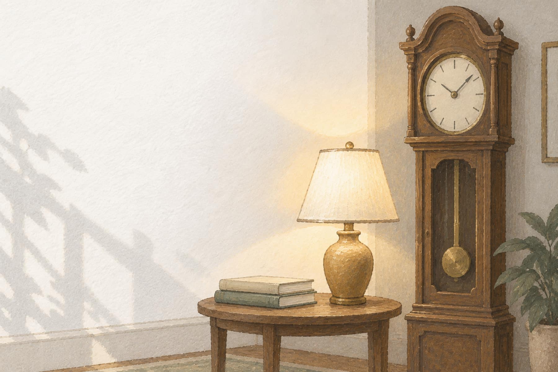 Gouache illustration of a small table lamp beside a tall standing clock, representing choosing between an AI money coach and a human financial advisor
