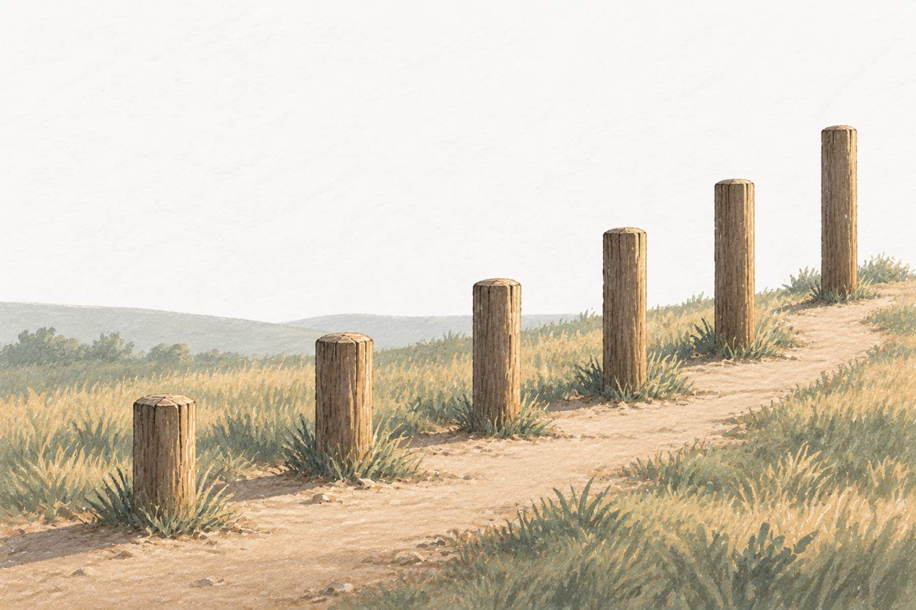 Gouache illustration of six fence posts of increasing height along a path, representing typical net worth increasing across age bands