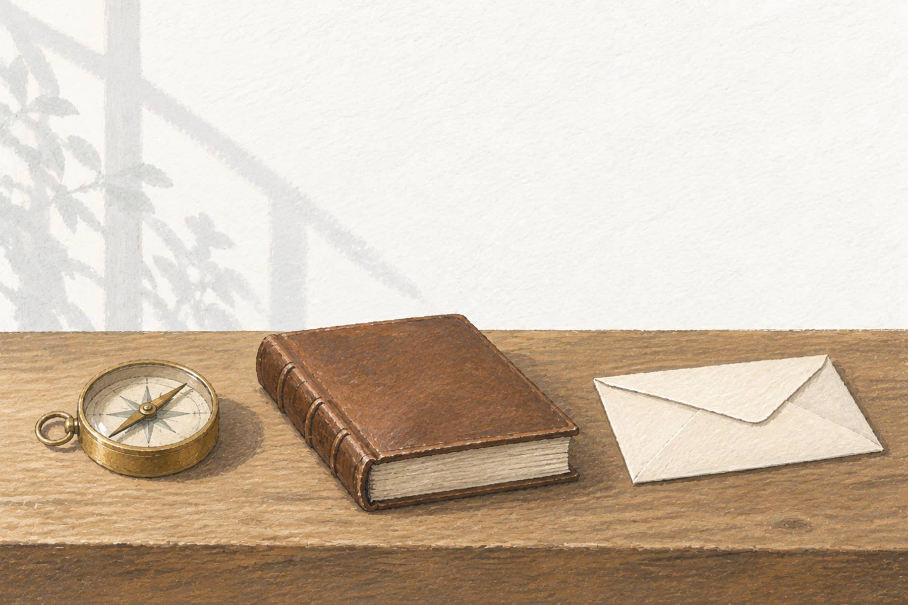 Gouache illustration of a compass, a ledger, and an envelope arranged on a table, representing three different budgeting approaches for different habits