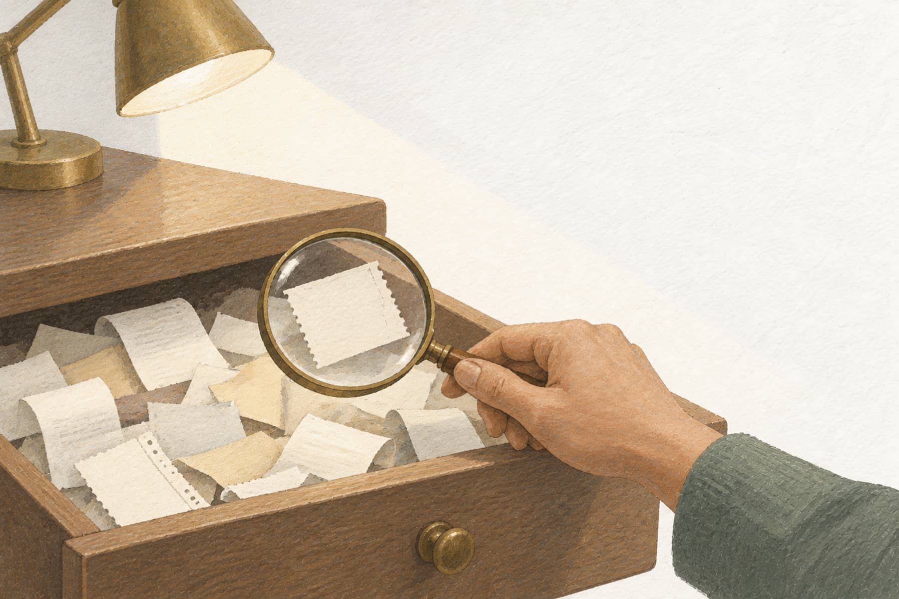 Gouache illustration of a hand holding a magnifying glass over a drawer of small receipts, representing finding hidden subscription charges