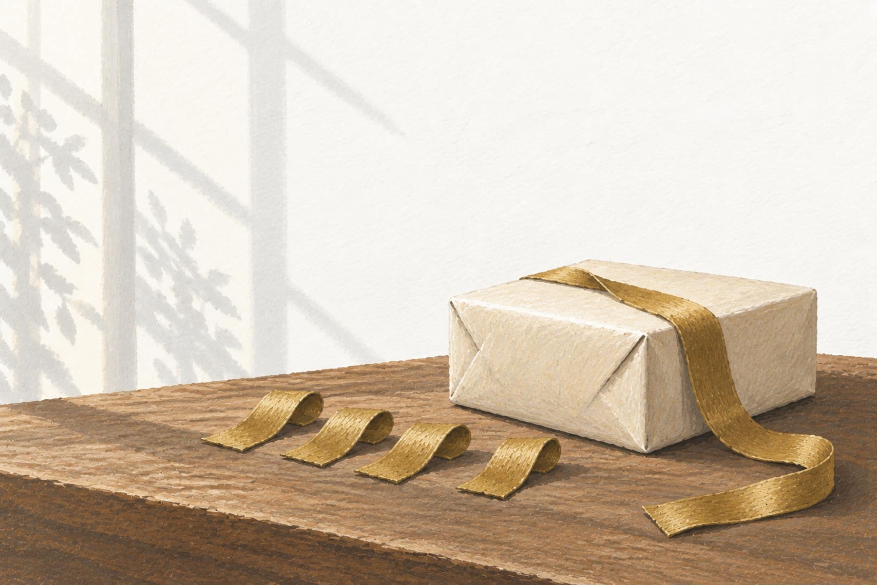 Gouache illustration of a parcel with separate lengths of ribbon, representing deductions from a bonus payment