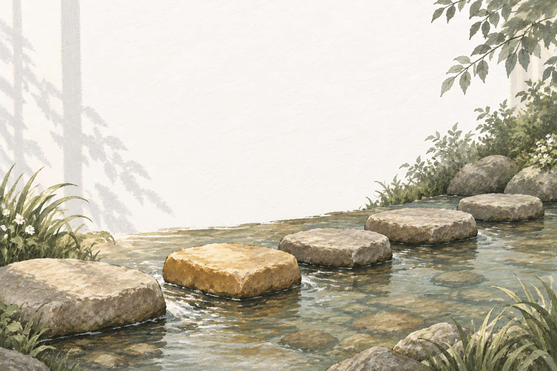 Gouache illustration of stepping stones crossing a shallow stream, representing planning expenses between paydays