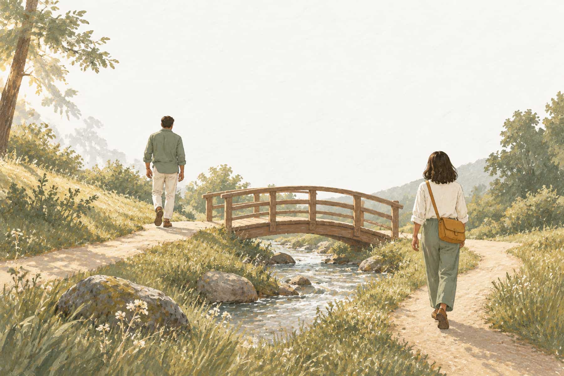 Gouache illustration of two people approaching a small bridge from different paths, representing coordinating different pay schedules