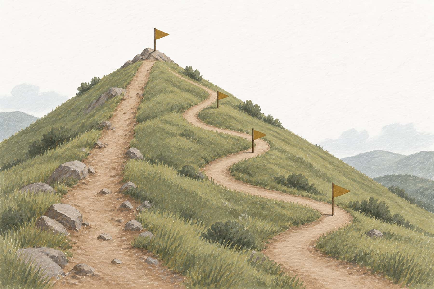 Gouache illustration of two paths up one hill, one direct and one winding with resting flags, representing the debt avalanche and snowball methods