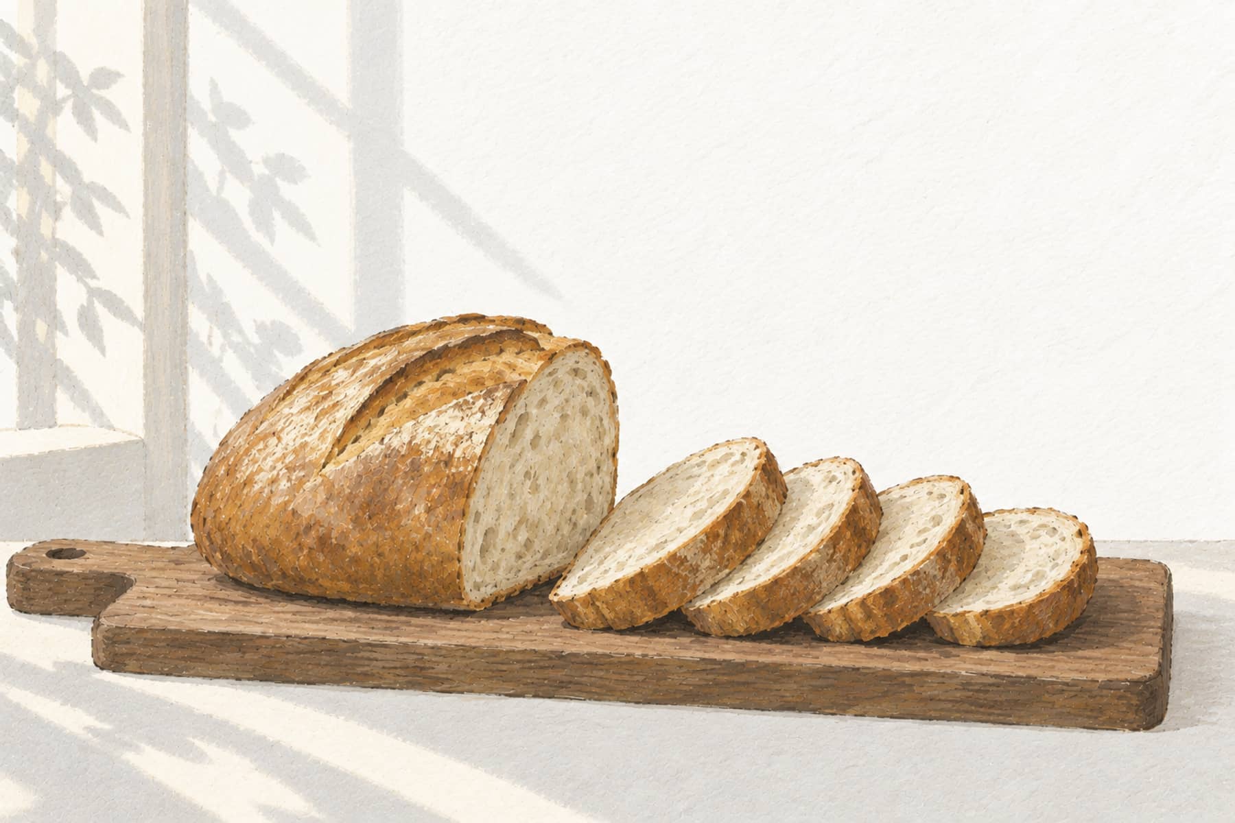 Gouache illustration of a loaf of bread with several slices cut away on a board, representing the difference between gross pay and net take-home pay