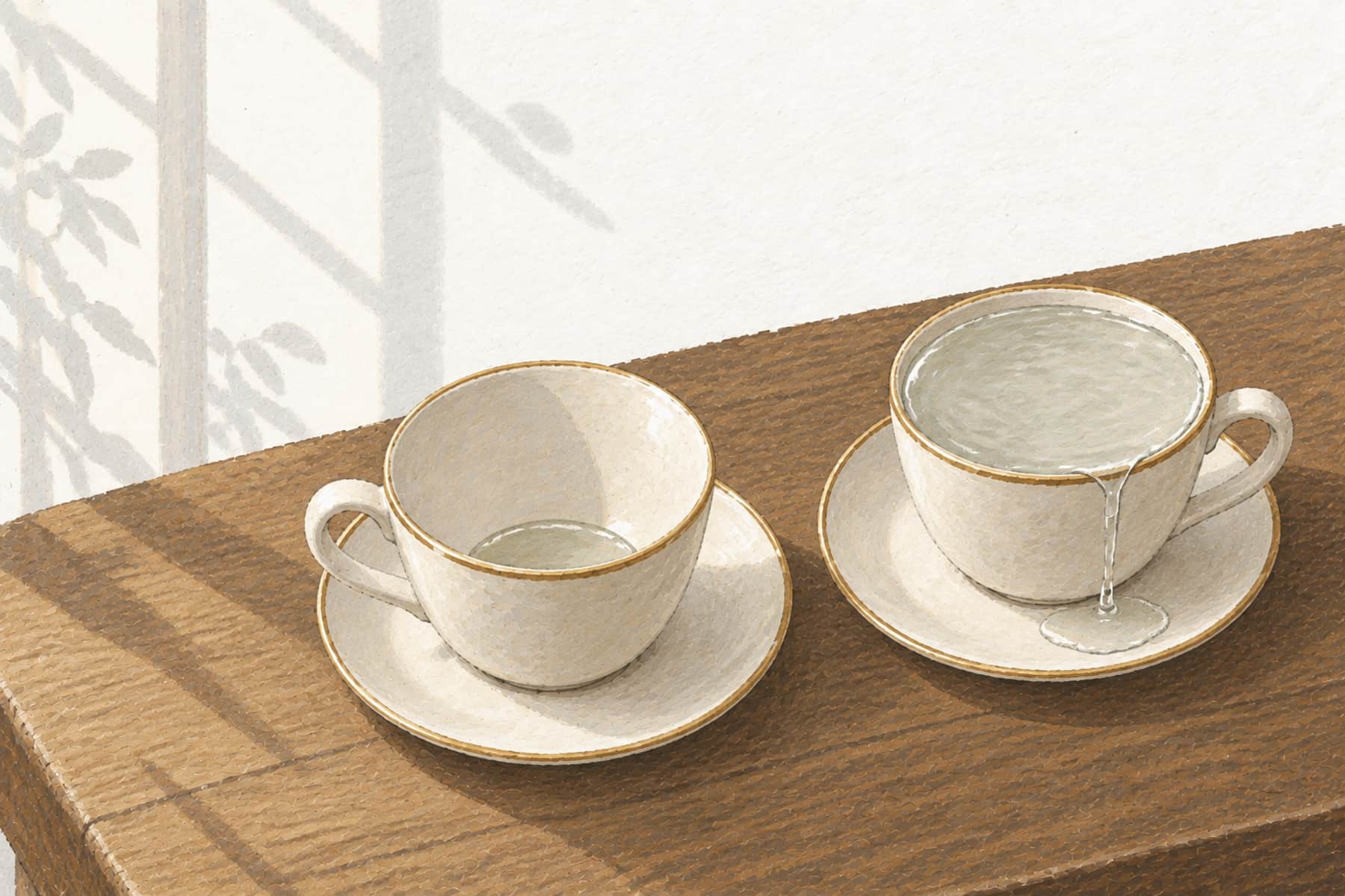 Gouache illustration of two teacups, one nearly empty and one overflowing, representing the gap between estimated and actual subscription spending