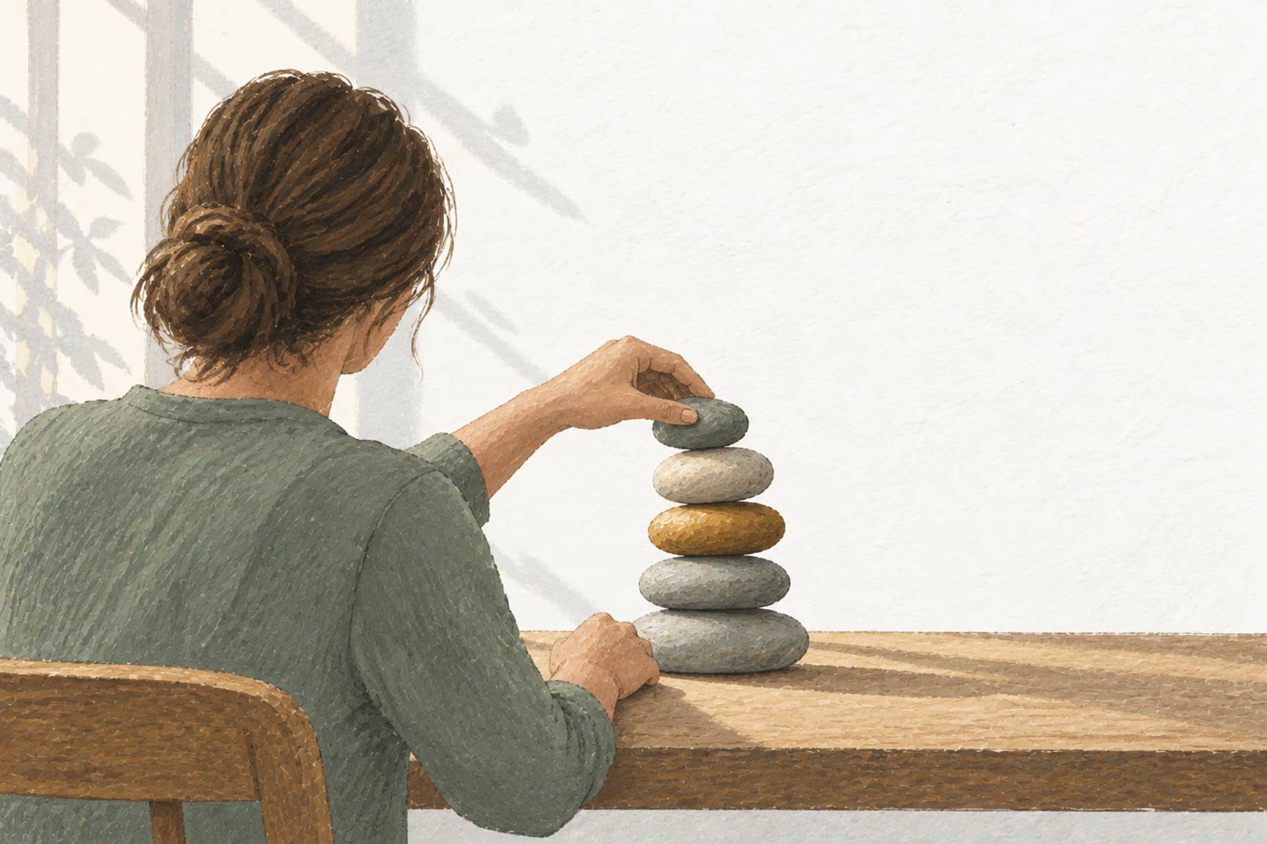 Gouache illustration of a person from behind stacking five smooth stones into a steady tower, representing the five steps of building a budget