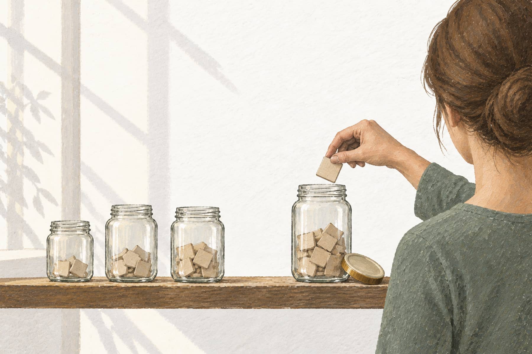 Gouache illustration of a person from behind placing a token into a jar set apart from others, representing building a separate emergency fund