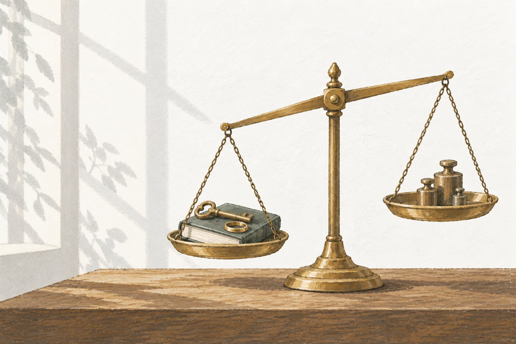 Gouache illustration of a balance scale weighing small objects against weights, representing calculating net worth as assets minus liabilities