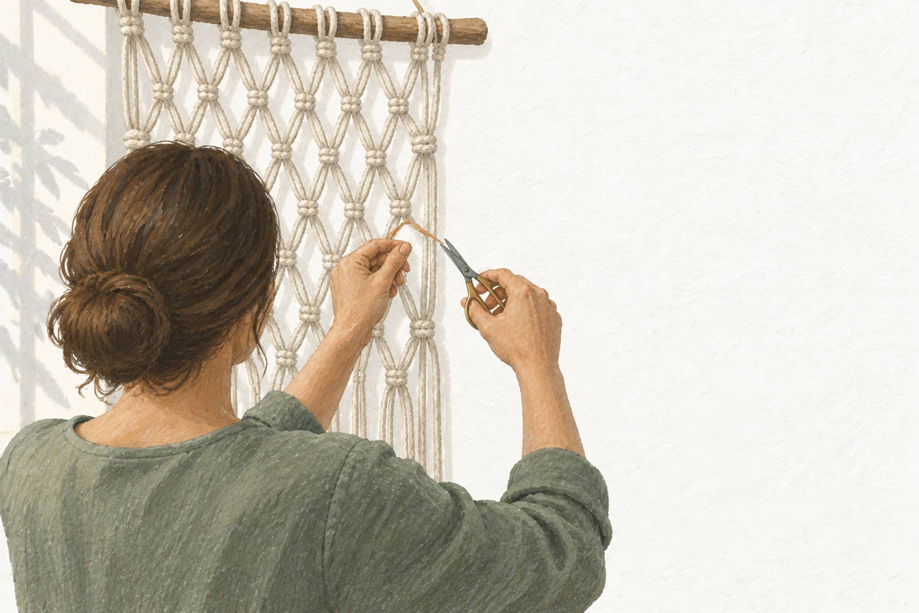 Gouache illustration of a person from behind snipping one thread from a woven net, representing canceling one unwanted subscription without disruption