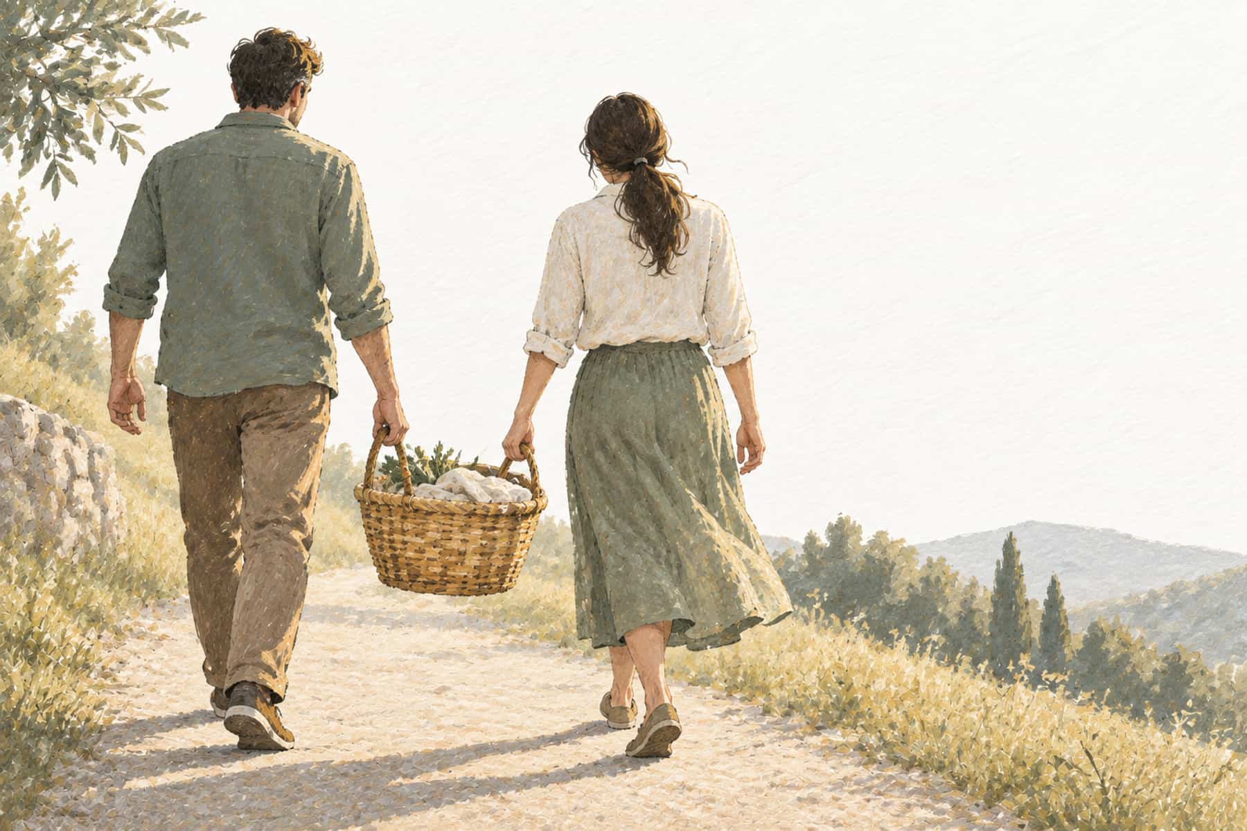 Gouache illustration of two people from behind carrying a shared basket together, representing partners managing money as a team