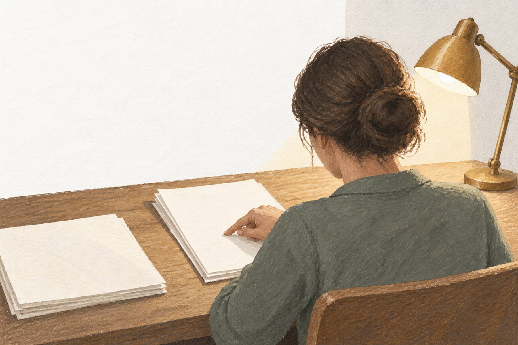 Gouache illustration of a person from behind tracing a finger down a document on a desk, representing reading a pay stub line by line