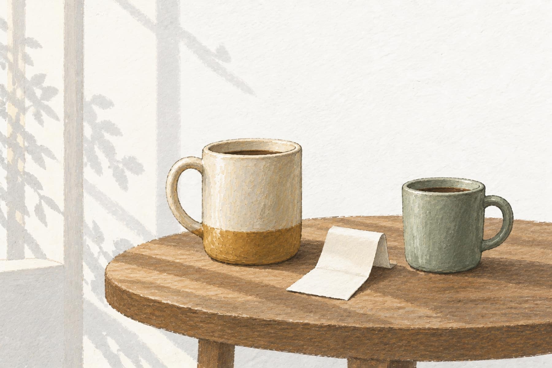 Gouache illustration of two mugs on a table with a receipt folded unevenly between them, representing splitting a shared bill fairly