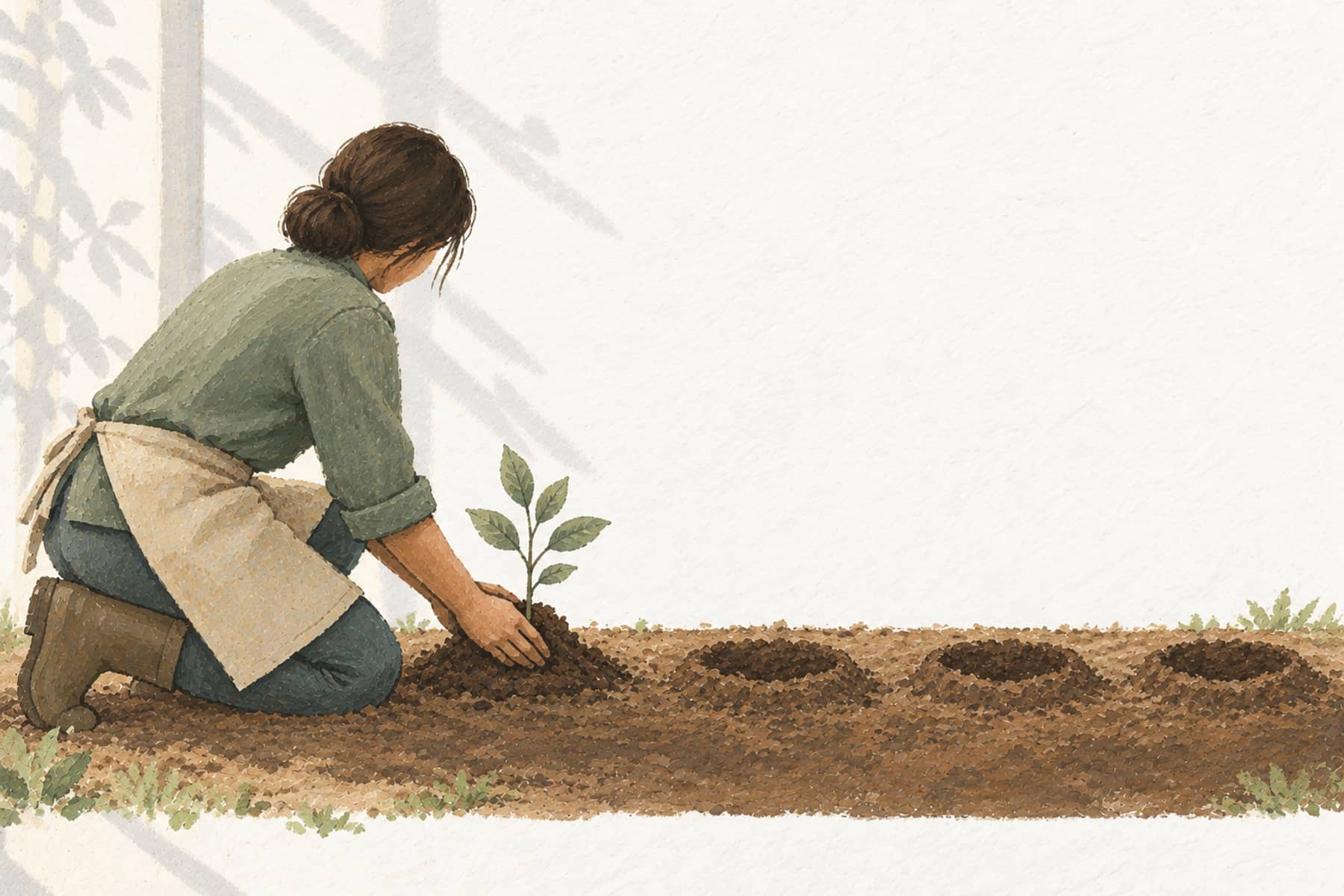 Gouache illustration of a person in profile planting one sapling with empty plots waiting in sequence, representing the correct order of steps to start investing