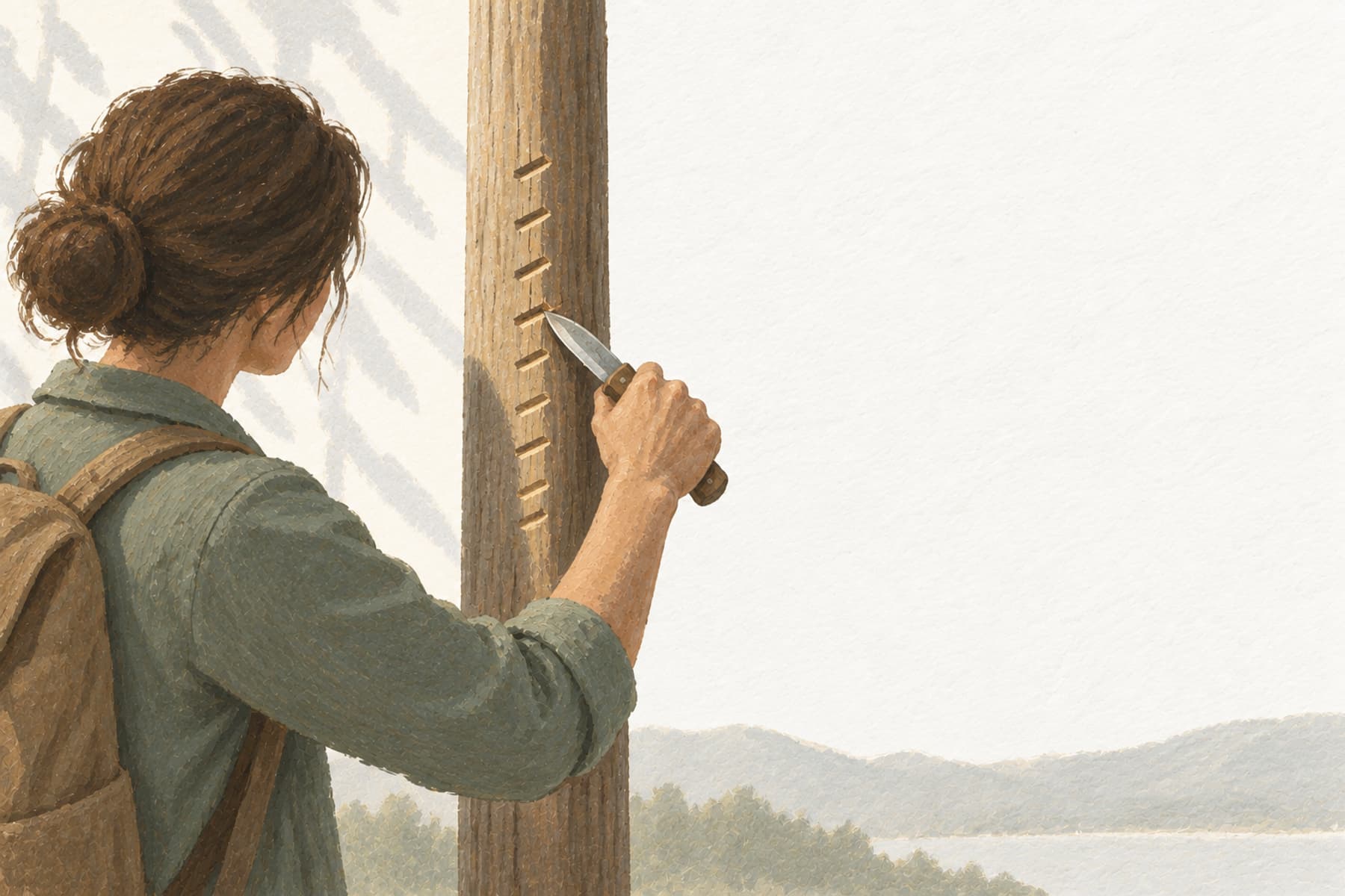 Gouache illustration of a person in profile carving a monthly notch into a post with a rising line of past notches, representing tracking net worth over time