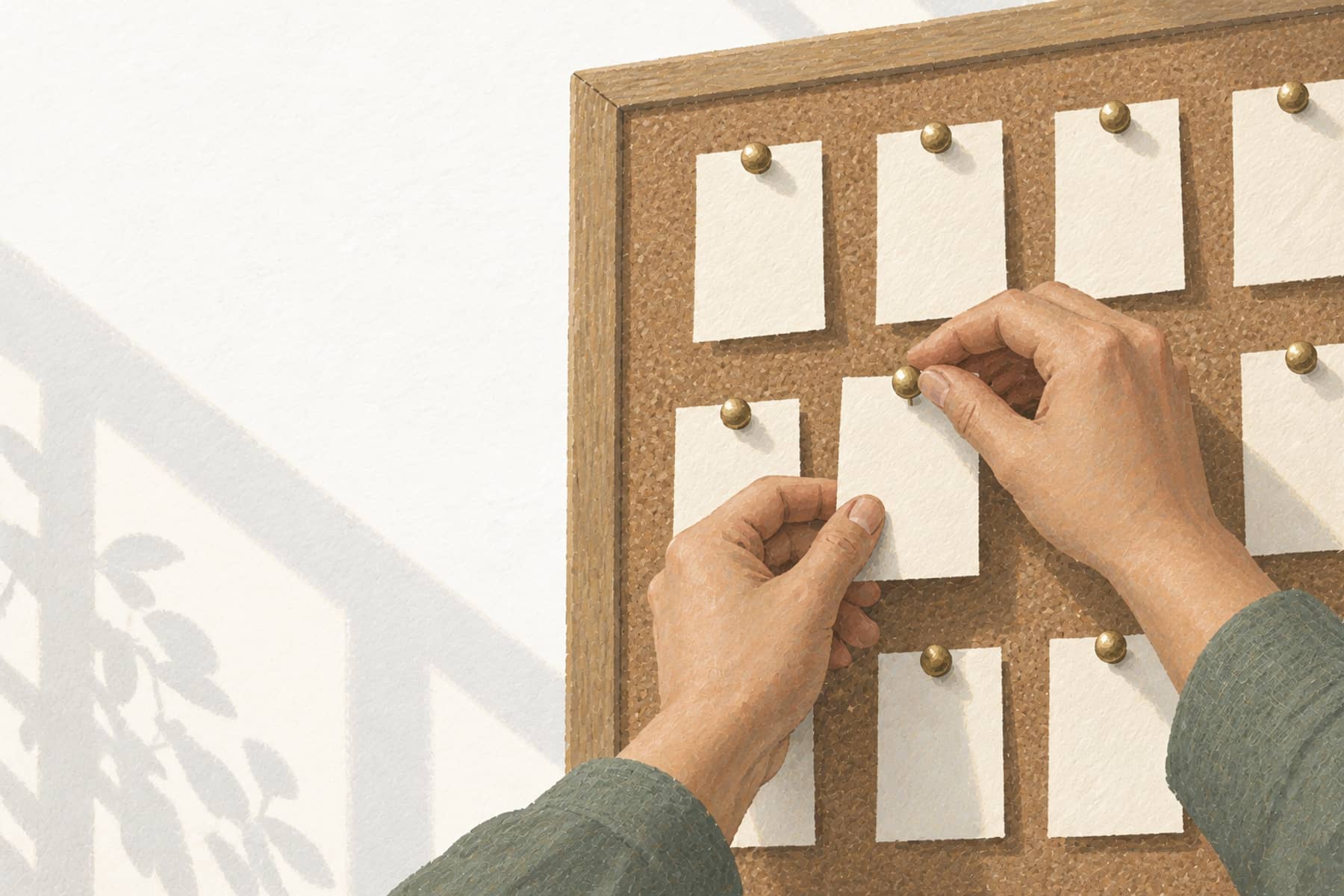 Gouache illustration of hands pinning blank tags onto a corkboard in rows, representing building a running list of recurring charges