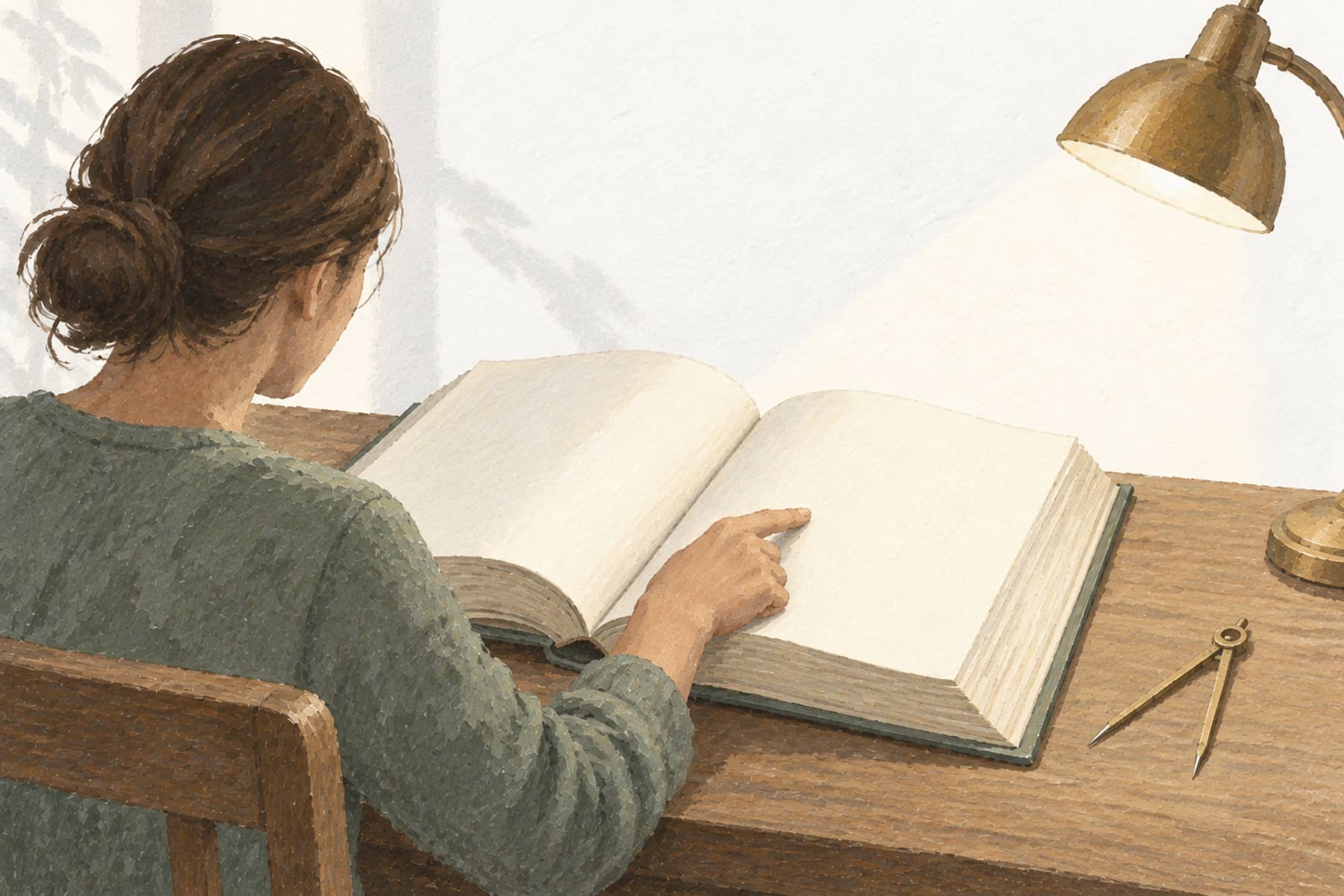 Gouache illustration of a person in profile consulting a large encyclopedia beside an unused measuring tool, representing the limits of general AI chatbots for precise money questions
