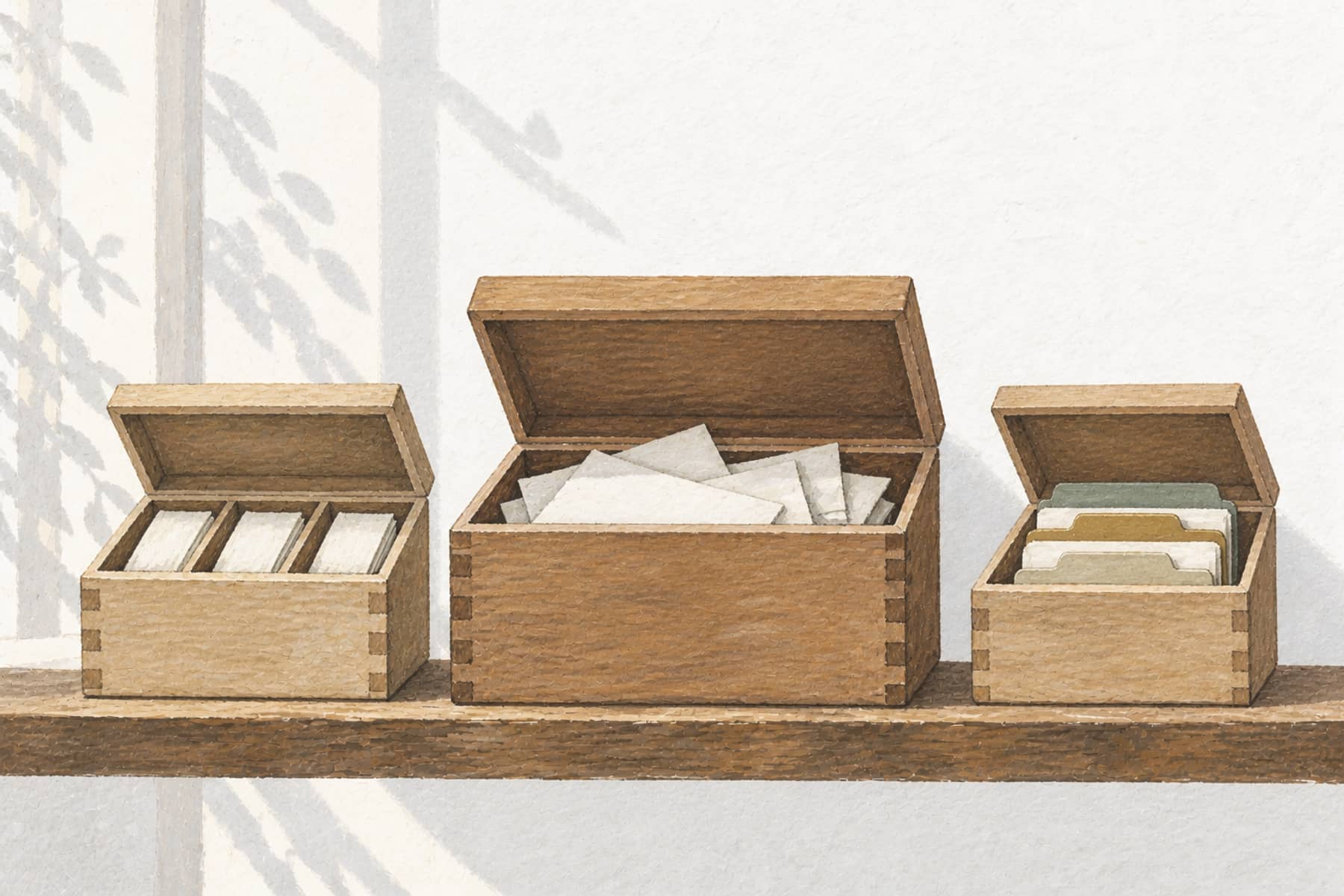 Gouache illustration of three wooden boxes on a shelf, two apart and one shared, representing joint, separate, and hybrid account setups