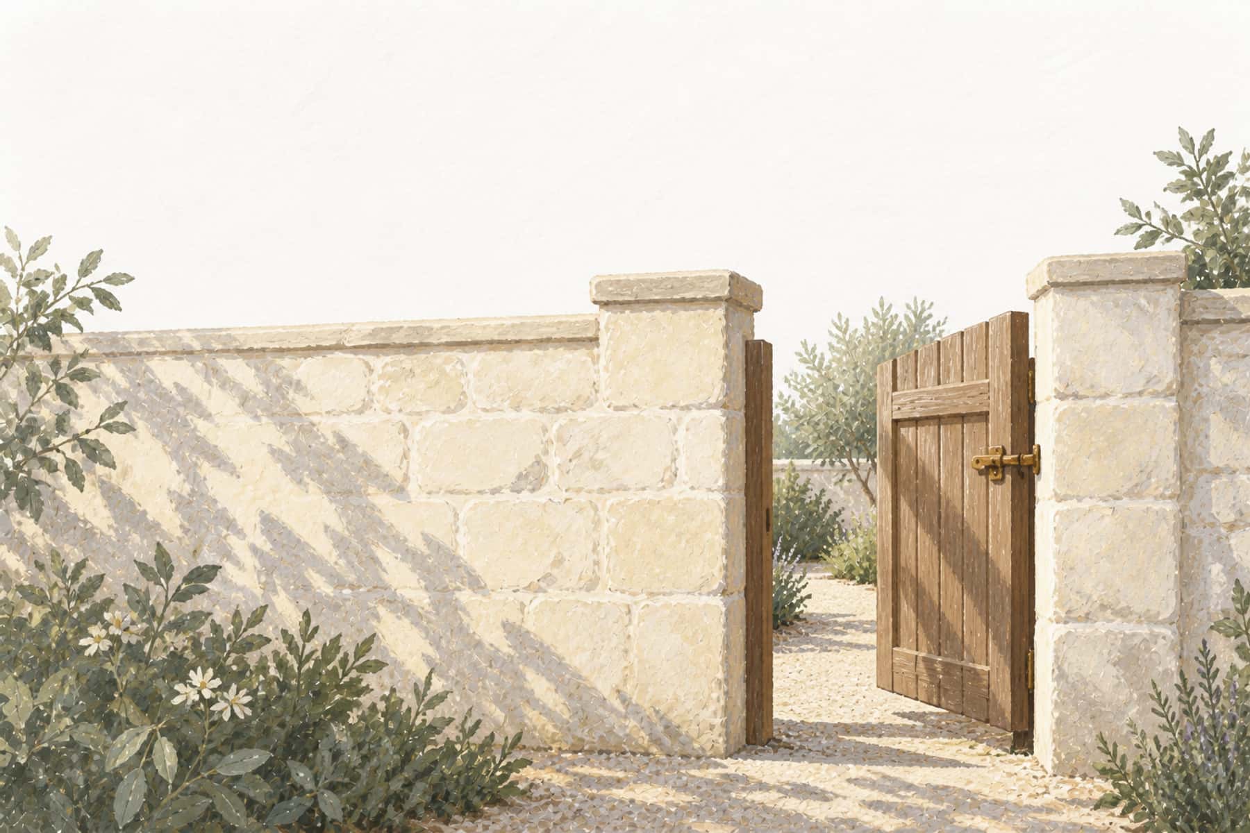 Gouache illustration of a small open gate beside a stone wall, representing accessible money within total wealth