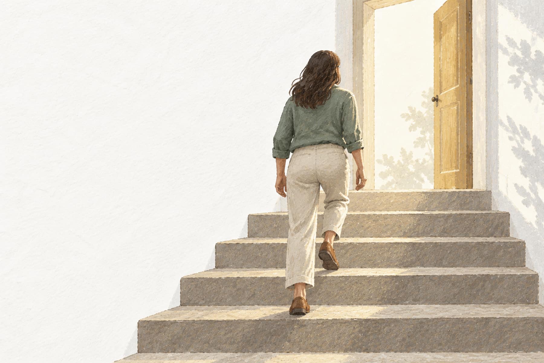Gouache illustration of a person from behind climbing five stone steps toward a lit doorway, representing the five basic steps of personal finance in order