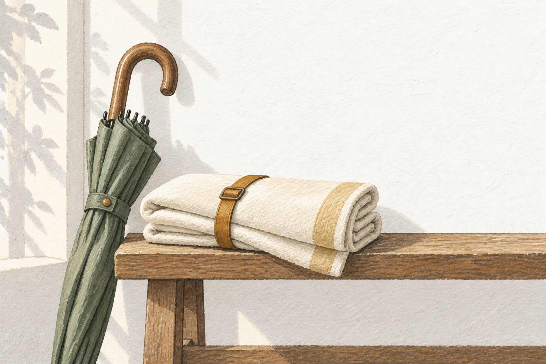 Gouache illustration of a folded picnic blanket beside an umbrella, representing saving for planned expenses and unexpected needs
