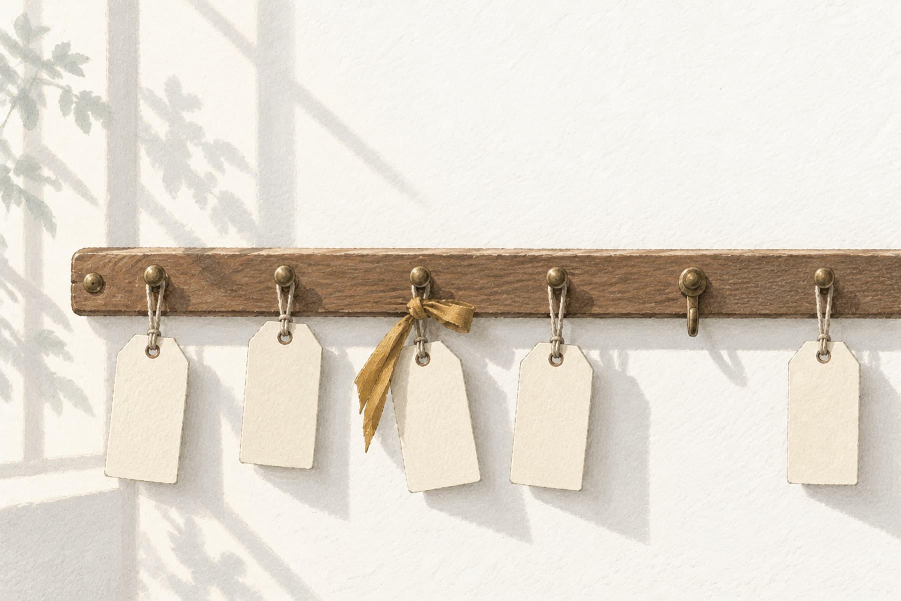 Gouache illustration of blank tags hanging from a wooden rail, one marked with a gold ribbon, representing subscription renewal reminders