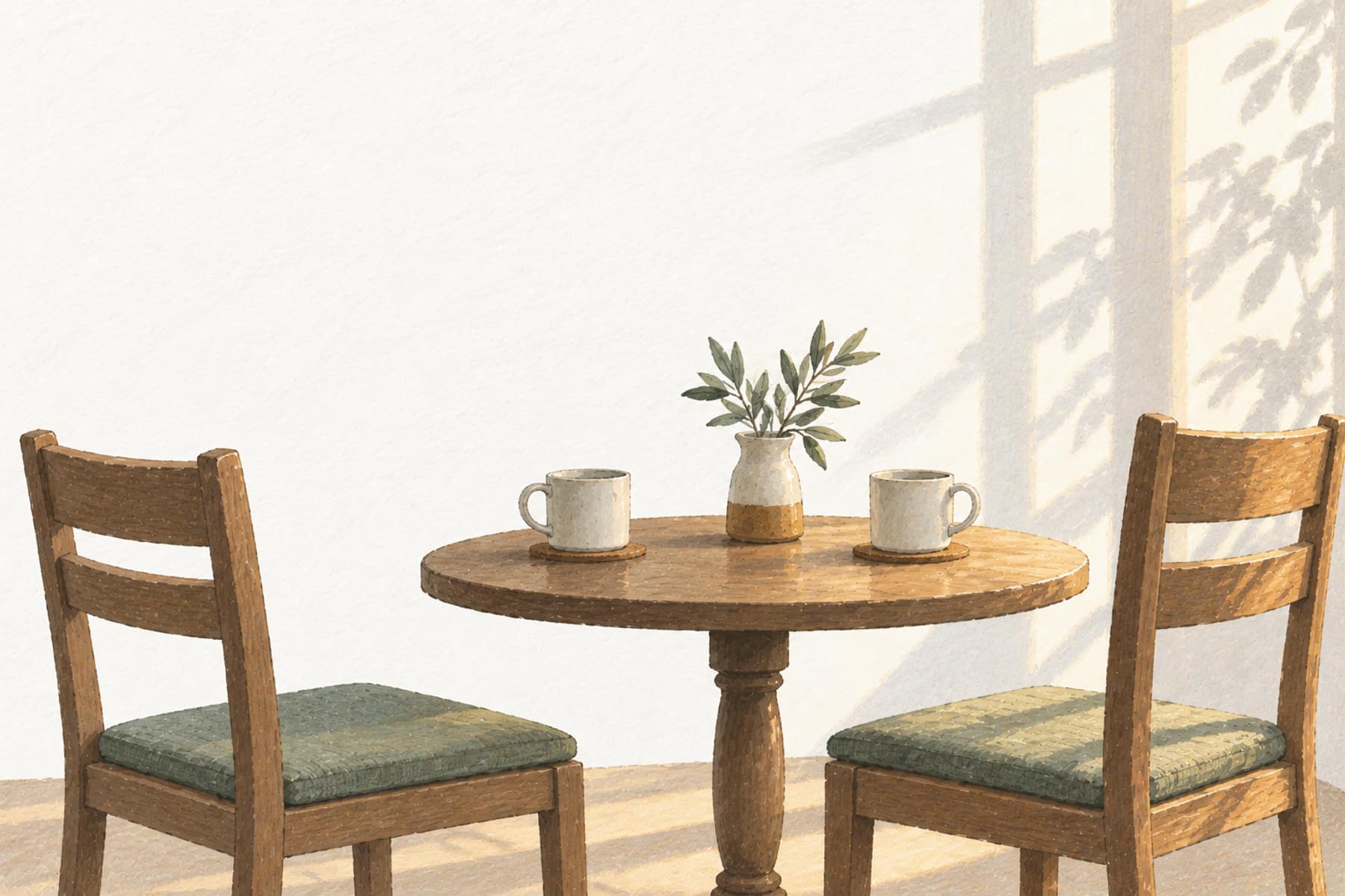 Gouache illustration of two chairs facing each other at a small table set for conversation, representing a scheduled money date with a partner