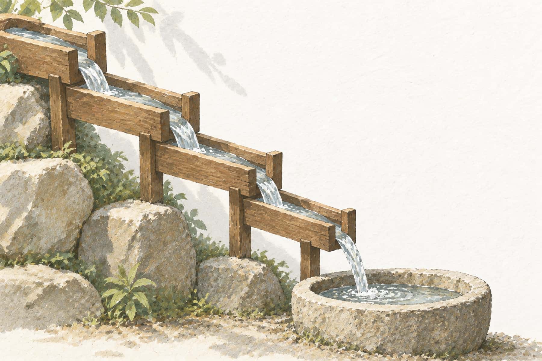 Gouache illustration of water flowing through four channels and gates into a basin, representing pay moving through taxes and deductions to net pay