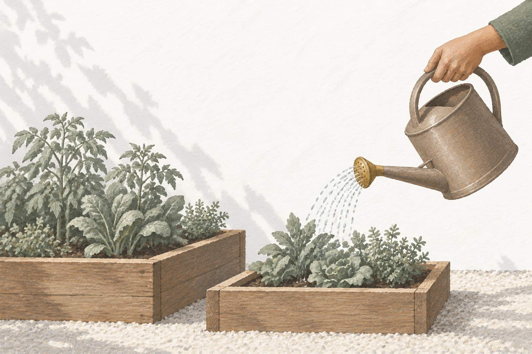 Gouache illustration of a hand watering two differently sized garden plots, representing that a good net worth is relative to your own situation