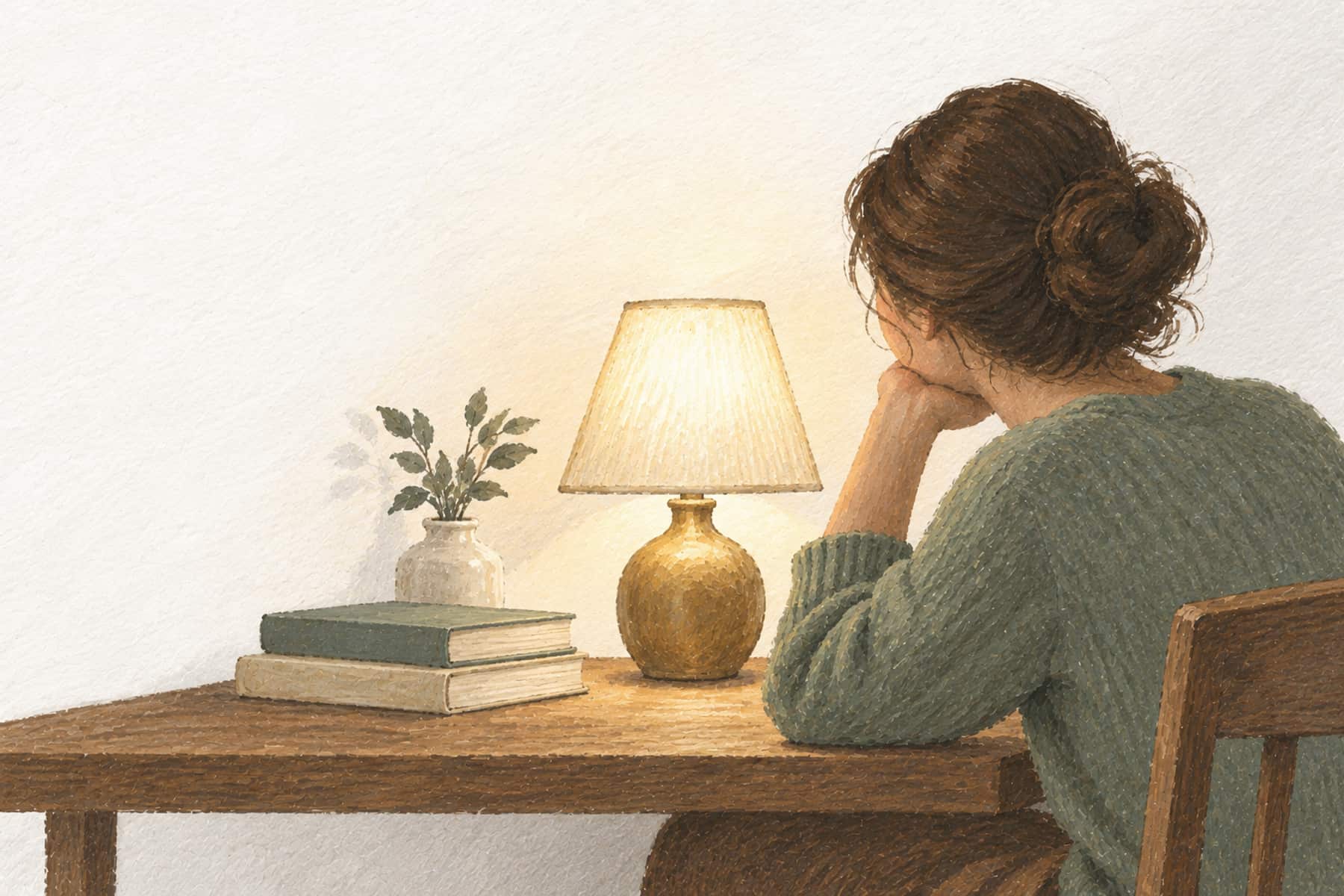 Gouache illustration of a person in profile leaning toward a glowing table lamp, representing an AI money coach as an always-available source of guidance