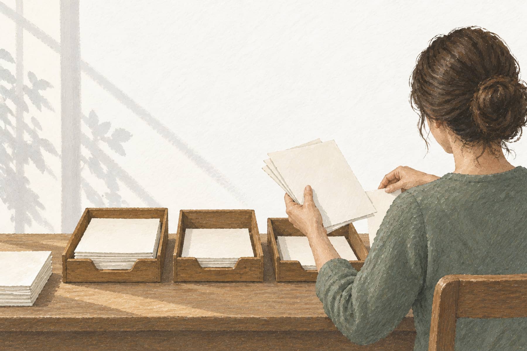 Gouache illustration of a person from behind sorting papers into three trays, representing paycheck deductions sorted into taxes and benefits