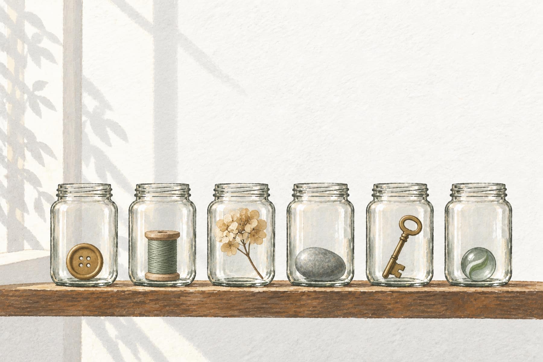 Gouache illustration of six jars on a shelf, each holding one small object, representing zero-based budgeting where every dollar has a job